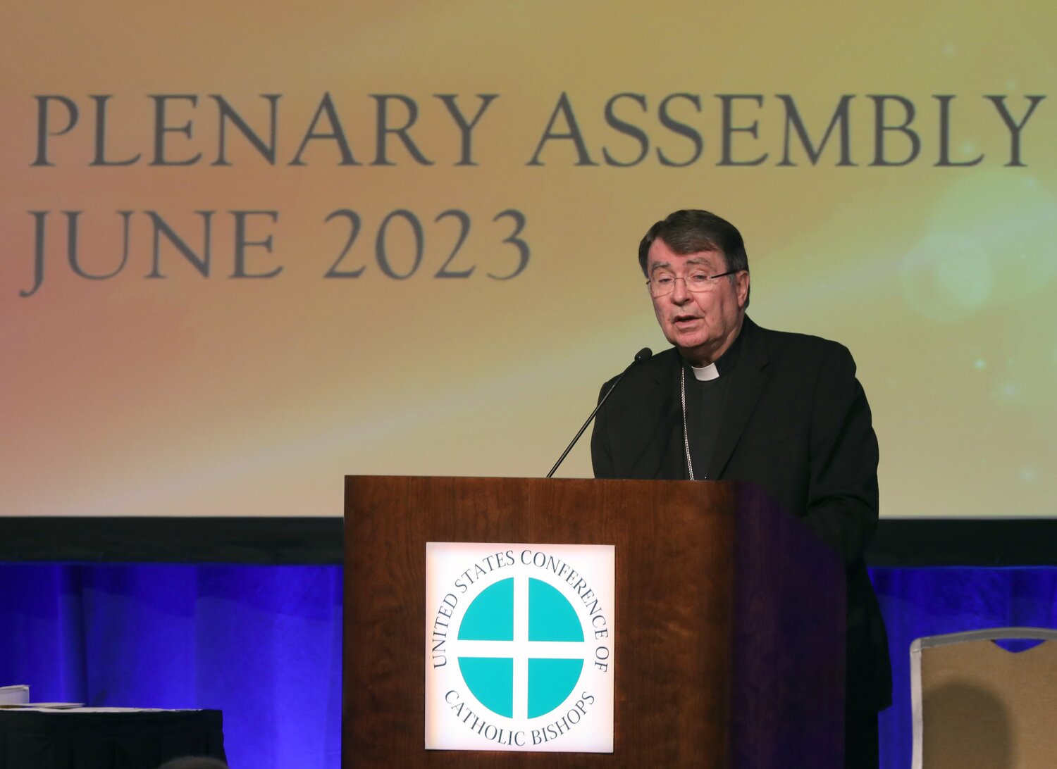 Archbishop Christophe Pierre, the apostolic nuncio to the United States, speaks June 15, 2023, during the U.S. Conference of Catholic Bishops’ spring plenary assembly in Orlando, Fla.